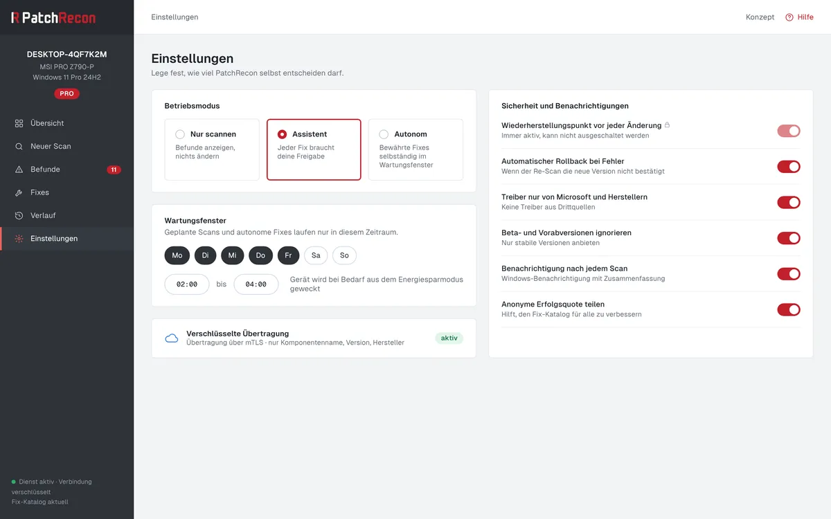 Einstellungen in PatchRecon: Wahl zwischen Nur scannen, Assistent und Autonom, Wartungsfenster und Sicherheitsoptionen.