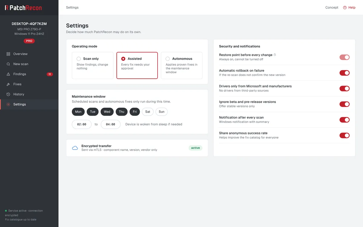 Settings in PatchRecon: choice between Scan only, Assistant and Autonomous, maintenance window and security options.