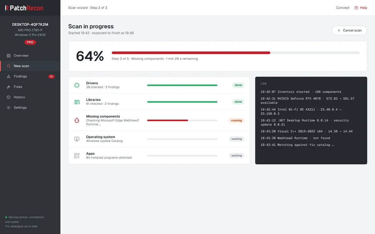 PatchRecon during a scan: progress for each area and a log of the versions found.