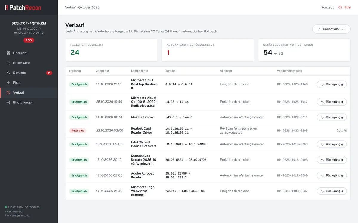 Verlauf in PatchRecon mit erfolgreichen Fixes, einem automatischen Rollback und den zugehörigen Wiederherstellungspunkten.