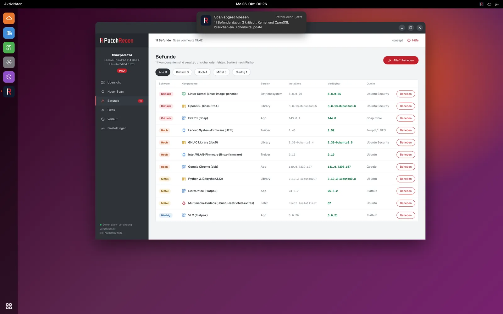 PatchRecon unter Ubuntu Linux mit Befundliste und einer GNOME-Benachrichtigung nach dem Scan.